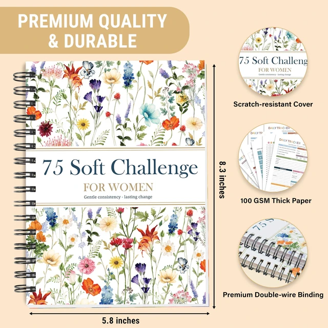 Alt view image 2 of 5 - 75 Soft Challenge Journal for Women, A5 Spiral 75-Day Habit Tracker Wildflowers Planner, 108-Page Full-Color Daily Logs, Weekly Reviews, Meal Water Workout Reading