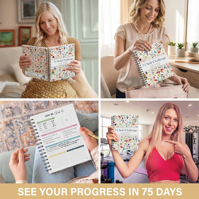 Alt view image 5 of 5 - 75 Soft Challenge Journal for Women, A5 Spiral 75-Day Habit Tracker Wildflowers Planner, 108-Page Full-Color Daily Logs, Weekly Reviews, Meal Water Workout Reading