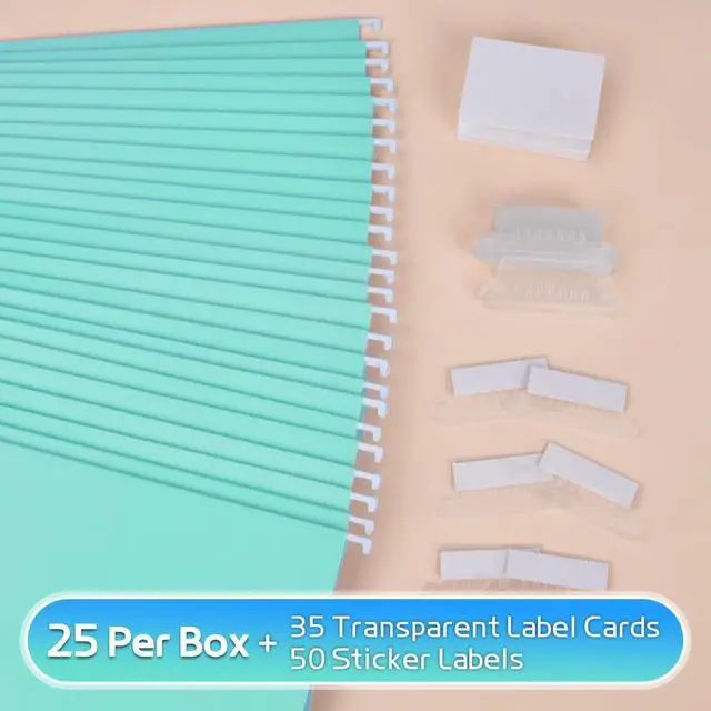 Alt view image 2 of 7 - 25-Pack Hanging File Folders,Letter Size,Includes 35 Transparent Label Cards & 50 Sticker Labels,1/5-Cut Tabs for Home & Office Organization(25, Aqua)