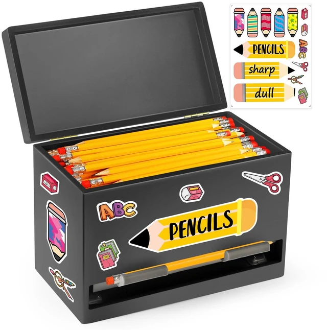 Main image of Pencil Dispenser for Classroom, Wooden Desk Pencil Holder, Black Teacher Must Haves, Classroom Organization, Wooden Dispenser for Pencils or Straws, for Offices, Kitchens, Restaurants