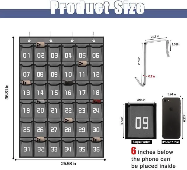 Alt view image 3 of 6 - 36 Numbered Pockets Classroom Pocket Chart for Cell Phone Holder Wall Door Hanging Pocket Organizer for Phone Calculator Holder, Phone Pouch for School Classroom & Office Phone Management