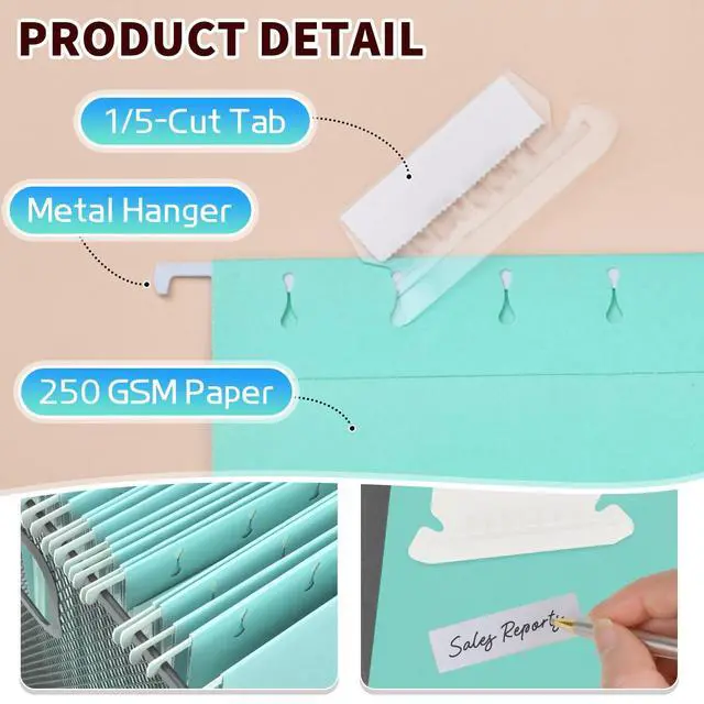 Alt view image 3 of 7 - 25-Pack Hanging File Folders,Letter Size,Includes 35 Transparent Label Cards & 50 Sticker Labels,1/5-Cut Tabs for Home & Office Organization(25, Aqua)