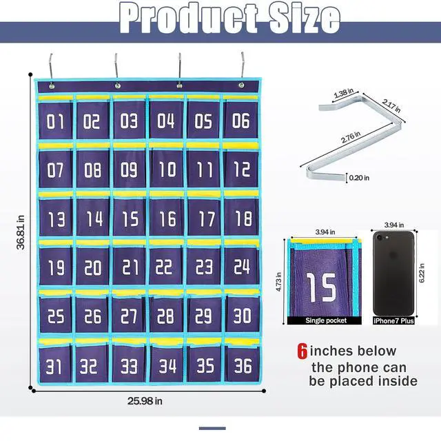 Alt view image 2 of 6 - 36 Numbered Pockets Classroom Pocket Chart for Cell Phone Holder Wall Door Hanging Pocket Organizer for Phone Calculator Holder, Phone Pouch for School Classroom & Office Phone Management