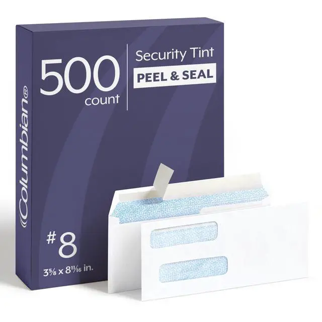 Main image of #8 Double-Window Self Seal Security Tint Envelopes, 500/Box, 24lb White Wove, 3-5/8 x 8-11/16 Inches (1016910)