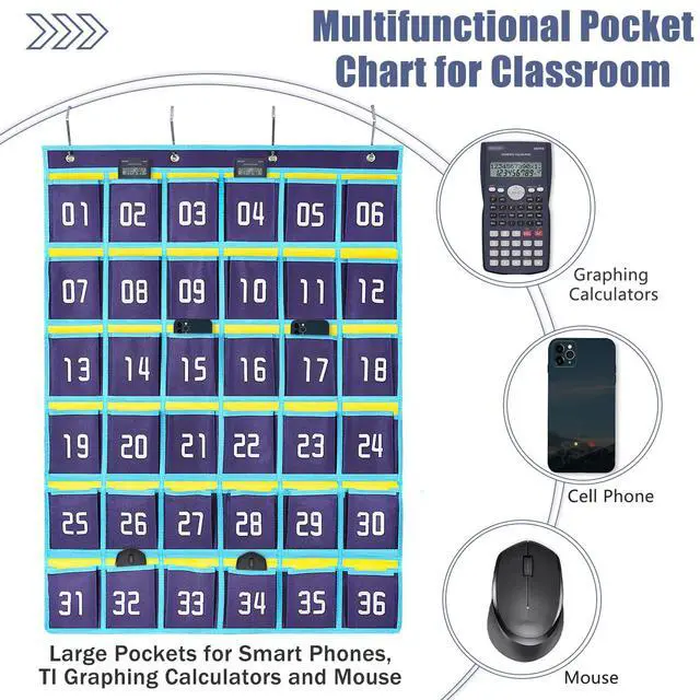 Alt view image 3 of 6 - 36 Numbered Pockets Classroom Pocket Chart for Cell Phone Holder Wall Door Hanging Pocket Organizer for Phone Calculator Holder, Phone Pouch for School Classroom & Office Phone Management