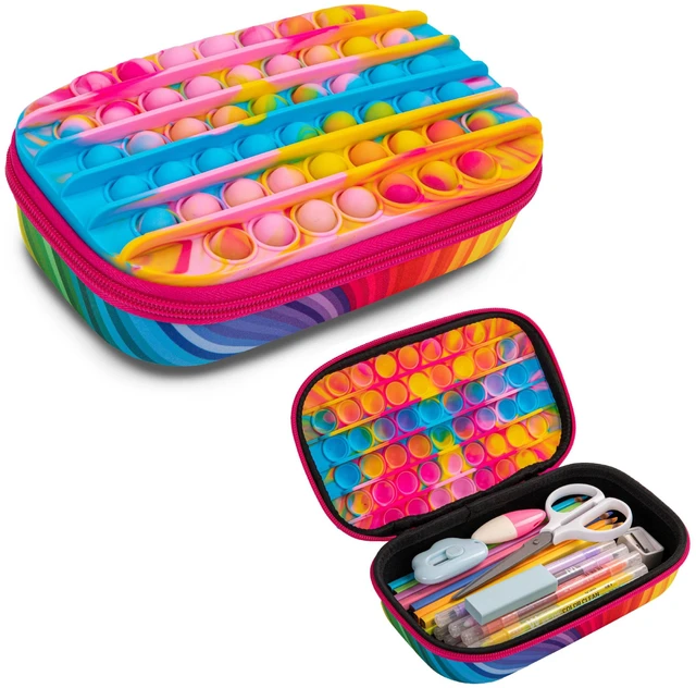 Main image of POP Pencil Case for Girls, Silicone Sensory Pencil Box, Rainbow Playful box for kids with tactile top, sturdy crack-proof shell, secure zipper, large capacity holds 60 pens & pencils