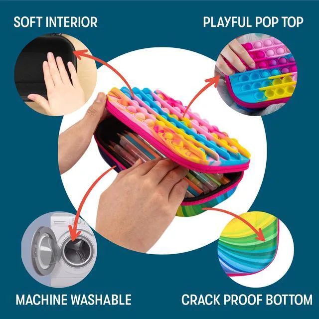 Alt view image 2 of 6 - POP Pencil Case for Girls, Silicone Sensory Pencil Box, Rainbow Playful box for kids with tactile top, sturdy crack-proof shell, secure zipper, large capacity holds 60 pens & pencils