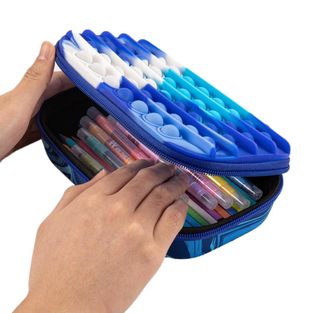 Alt view image 5 of 6 - POP Pencil Case for Boys, Silicone Sensory Fidget Pencil Box, Blue Playful box for kids with tactile top, sturdy crack-proof shell, secure zipper, large capacity holds 60 pens & pencils