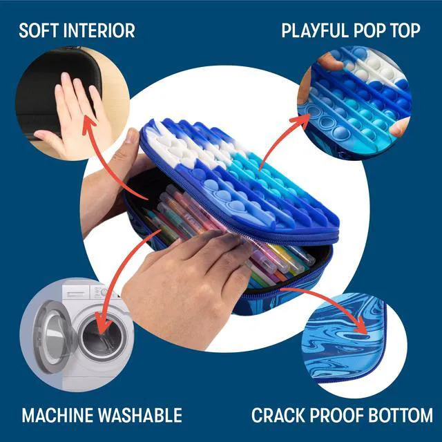 Alt view image 3 of 6 - POP Pencil Case for Boys, Silicone Sensory Fidget Pencil Box, Blue Playful box for kids with tactile top, sturdy crack-proof shell, secure zipper, large capacity holds 60 pens & pencils