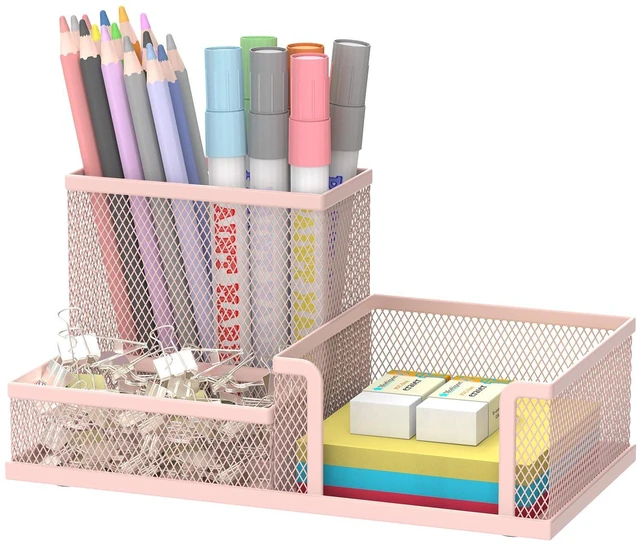 Main image of Mesh Pen Holder Desk Organizer, Office Supplies Pencil Storage with 3 Compartments, Office Desk Accessories and Workspace Organizers for Home School Classroom, Pink