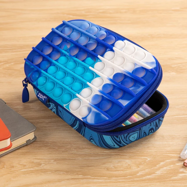 Alt view image 6 of 6 - POP Pencil Case for Boys, Silicone Sensory Fidget Pencil Box, Blue Playful box for kids with tactile top, sturdy crack-proof shell, secure zipper, large capacity holds 60 pens & pencils