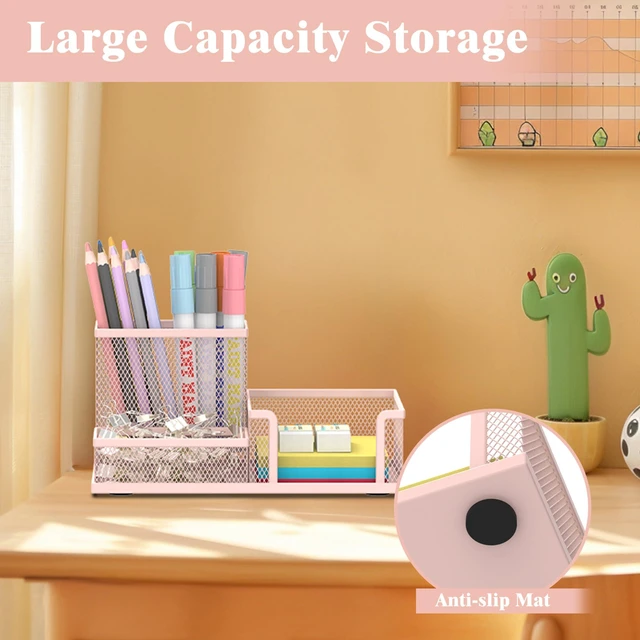 Alt view image 2 of 7 - Mesh Pen Holder Desk Organizer, Office Supplies Pencil Storage with 3 Compartments, Office Desk Accessories and Workspace Organizers for Home School Classroom, Pink