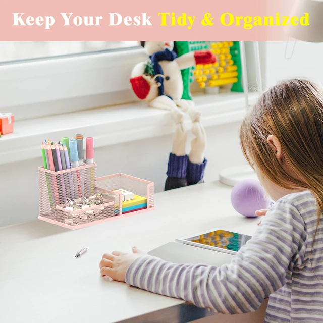 Alt view image 5 of 7 - Mesh Pen Holder Desk Organizer, Office Supplies Pencil Storage with 3 Compartments, Office Desk Accessories and Workspace Organizers for Home School Classroom, Pink