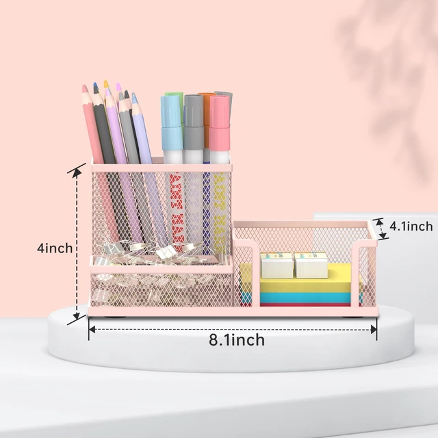 Alt view image 4 of 7 - Mesh Pen Holder Desk Organizer, Office Supplies Pencil Storage with 3 Compartments, Office Desk Accessories and Workspace Organizers for Home School Classroom, Pink