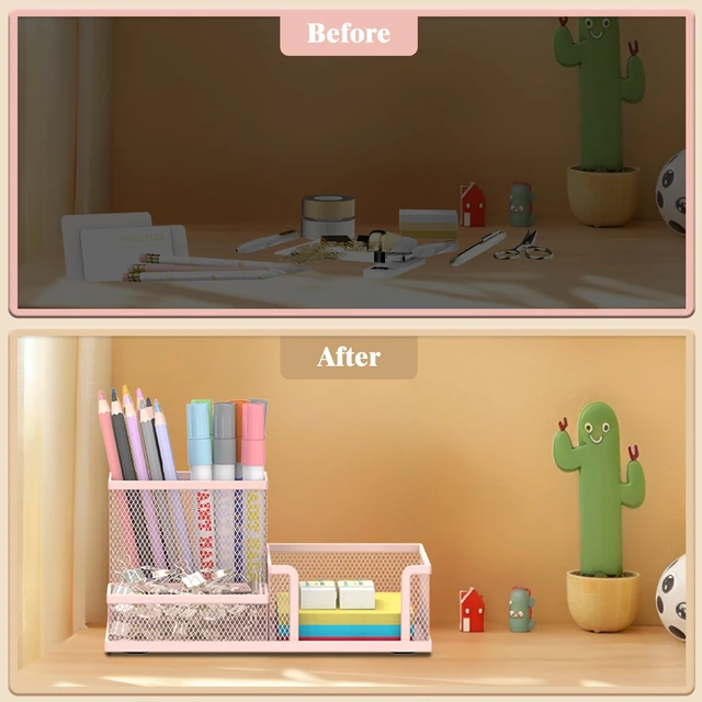 Alt view image 7 of 7 - Mesh Pen Holder Desk Organizer, Office Supplies Pencil Storage with 3 Compartments, Office Desk Accessories and Workspace Organizers for Home School Classroom, Pink
