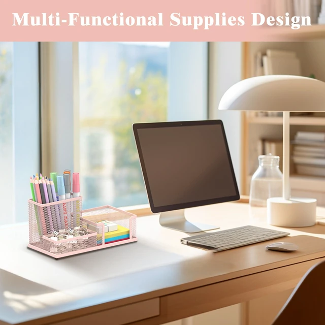 Alt view image 6 of 7 - Mesh Pen Holder Desk Organizer, Office Supplies Pencil Storage with 3 Compartments, Office Desk Accessories and Workspace Organizers for Home School Classroom, Pink