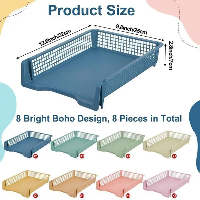 Alt view image 2 of 7 - 8 Pack Boho Plastic Turn in Paper Trays for Classroom Storage Bin Basket Organizers for School Teacher Supplies Classroom Office Home Organization Storage Tray Holds 4A Paper File Document