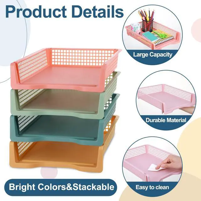Alt view image 3 of 7 - 8 Pack Boho Plastic Turn in Paper Trays for Classroom Storage Bin Basket Organizers for School Teacher Supplies Classroom Office Home Organization Storage Tray Holds 4A Paper File Document