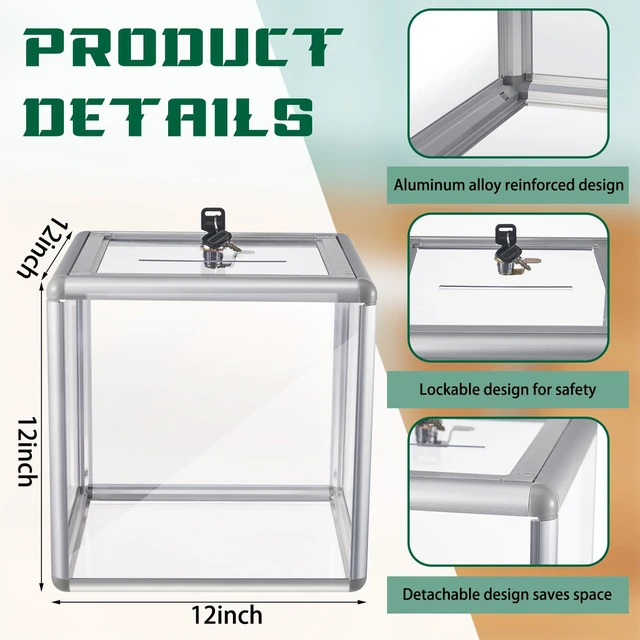 Alt view image 2 of 6 - 2 Pcs Acrylic Ballot Donation Box with Lock, 12x12x12 in Clear Raffle Container in Fundraising Events, Secure Slot with Key Lock, Suggestion Tip Jar, Transparent Acrylic Storage