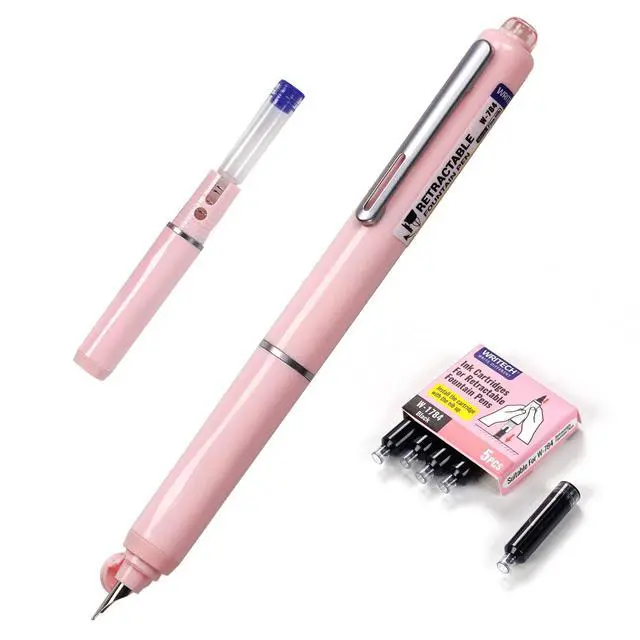 Main image of Retractable Fountain Pen Set: Black Ink Fine Nib, 5 Refillable Ink Cartridges Included, No Leaking Smooth Writing for Calligraphy Journaling Gift (Pink)