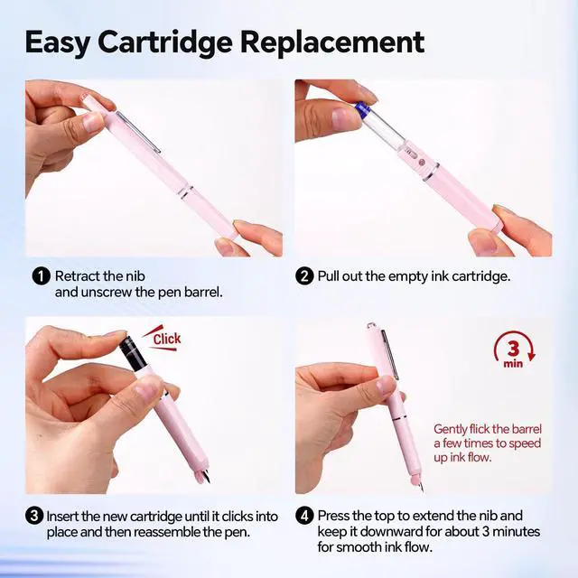 Alt view image 2 of 7 - Retractable Fountain Pen Set: Black Ink Fine Nib, 5 Refillable Ink Cartridges Included, No Leaking Smooth Writing for Calligraphy Journaling Gift (Pink)