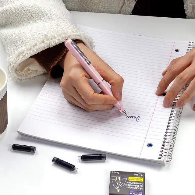 Alt view image 6 of 7 - Retractable Fountain Pen Set: Black Ink Fine Nib, 5 Refillable Ink Cartridges Included, No Leaking Smooth Writing for Calligraphy Journaling Gift (Pink)