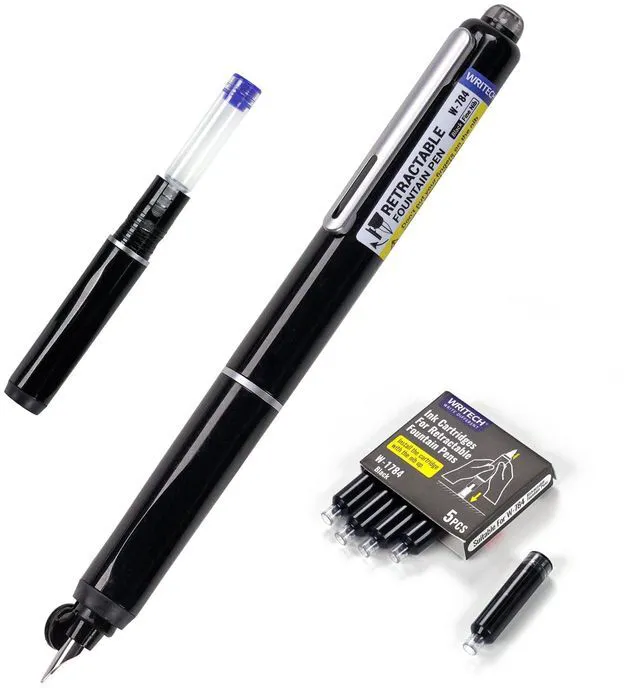 Main image of Retractable Fountain Pen Set: Fine Nib Black Ink Pens Includes 5 Ink Cartridges Smooth Writing for Sketching Journaling Calligraphy Gift (Black)