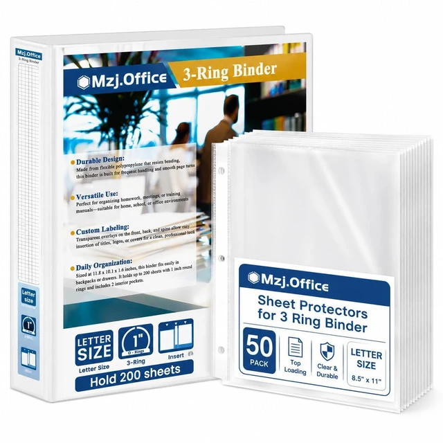 Main image of 1 Inch Binders 3 Ring Set, White 1" Round + 50 Sheet Protectors 50 Top-Loading Page Protectors, Clear View Cover & Spine, Fits 8.5 x 11 Letter Paper; for School, Office and Home Filing Use