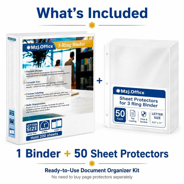 Alt view image 2 of 7 - 1 Inch Binders 3 Ring Set, White 1" Round + 50 Sheet Protectors 50 Top-Loading Page Protectors, Clear View Cover & Spine, Fits 8.5 x 11 Letter Paper; for School, Office and Home Filing Use