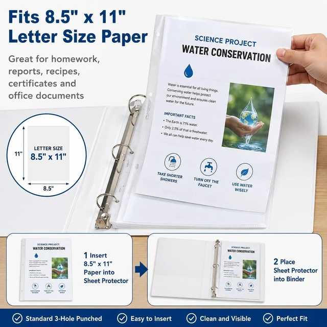 Alt view image 3 of 7 - 1 Inch Binders 3 Ring Set, White 1" Round + 50 Sheet Protectors 50 Top-Loading Page Protectors, Clear View Cover & Spine, Fits 8.5 x 11 Letter Paper; for School, Office and Home Filing Use