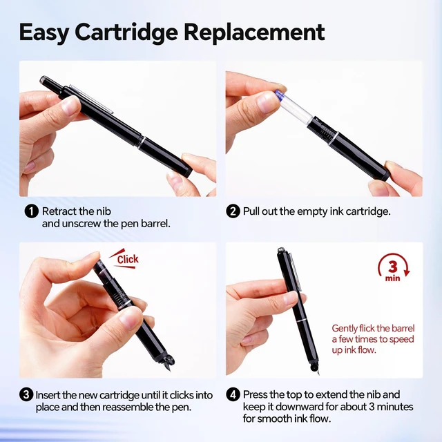 Alt view image 2 of 7 - Retractable Fountain Pen Set: Fine Nib Black Ink Pens Includes 5 Ink Cartridges Smooth Writing for Sketching Journaling Calligraphy Gift (Black)