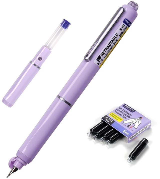 Main image of Fountain Pen Fine Nib: Retractable Black Ink Pens Set Includes 5 Ink Cartridges Smooth Writing for Calligraphy Sketching Journaling Gift (Purple)