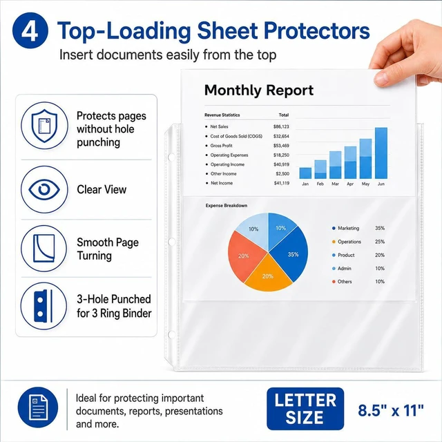 Alt view image 4 of 7 - 1 Inch Binders 3 Ring Set, White 1" Round + 50 Sheet Protectors 50 Top-Loading Page Protectors, Clear View Cover & Spine, Fits 8.5 x 11 Letter Paper; for School, Office and Home Filing Use