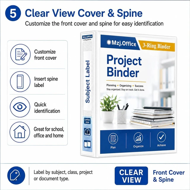 Alt view image 5 of 7 - 1 Inch Binders 3 Ring Set, White 1" Round + 50 Sheet Protectors 50 Top-Loading Page Protectors, Clear View Cover & Spine, Fits 8.5 x 11 Letter Paper; for School, Office and Home Filing Use