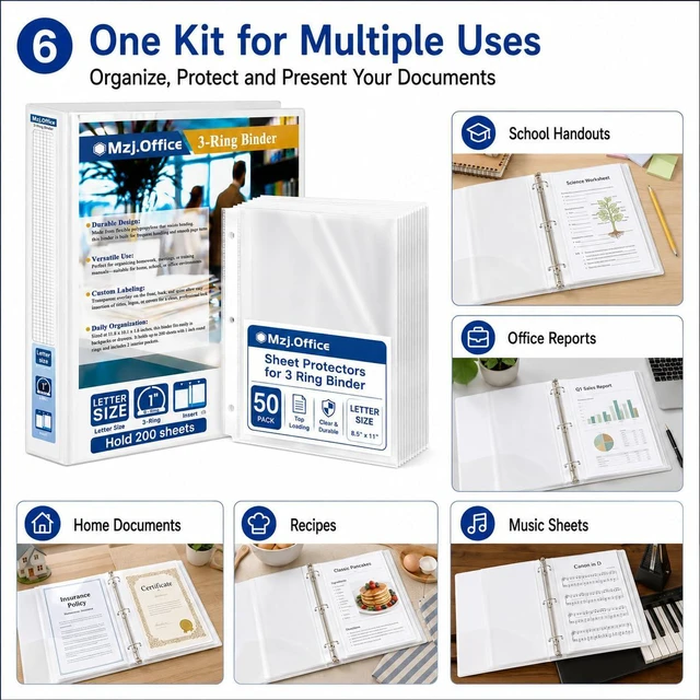 Alt view image 6 of 7 - 1 Inch Binders 3 Ring Set, White 1" Round + 50 Sheet Protectors 50 Top-Loading Page Protectors, Clear View Cover & Spine, Fits 8.5 x 11 Letter Paper; for School, Office and Home Filing Use