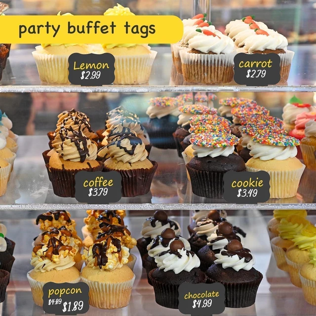 Alt view image 5 of 7 - 18 Pcs Food Labels for Party Buffet 4"x3" Mini Chalkboard Signs w/Cleaning Spray Include 2 Liquid Chalk Markers for Food Display - Food Tags- Table Place Card (Waved Shape)