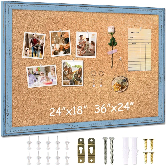 Main image of Cork Boards for Walls, 36 X 24 Inches Bulletin Board Decorative Hanging Pin Board Rustic Wooden Frame Vision Board Notice Board for Office Home Decor, Blue