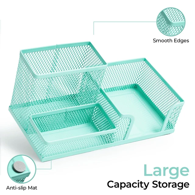 Alt view image 3 of 7 - Mesh Pen Holder Desk Organizers Pencil Holder for Desk Light Blue, 3 Compartments Metal Office Supply Organizer with Sticky Notes Holder for Home Office