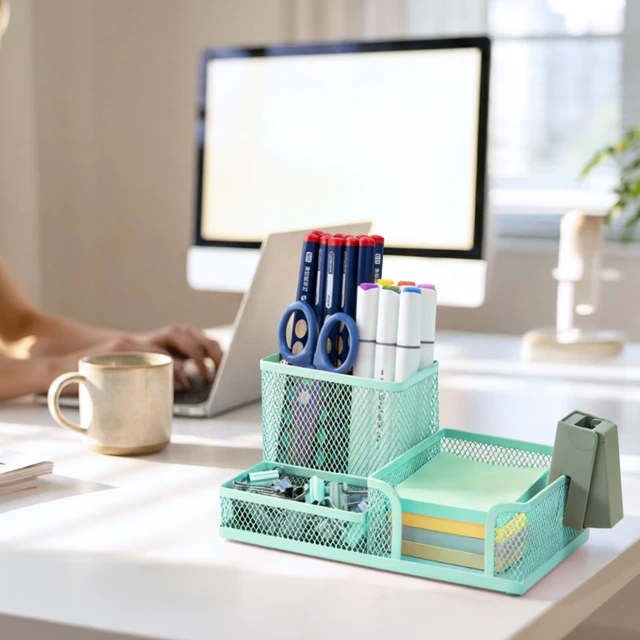 Alt view image 4 of 7 - Mesh Pen Holder Desk Organizers Pencil Holder for Desk Light Blue, 3 Compartments Metal Office Supply Organizer with Sticky Notes Holder for Home Office
