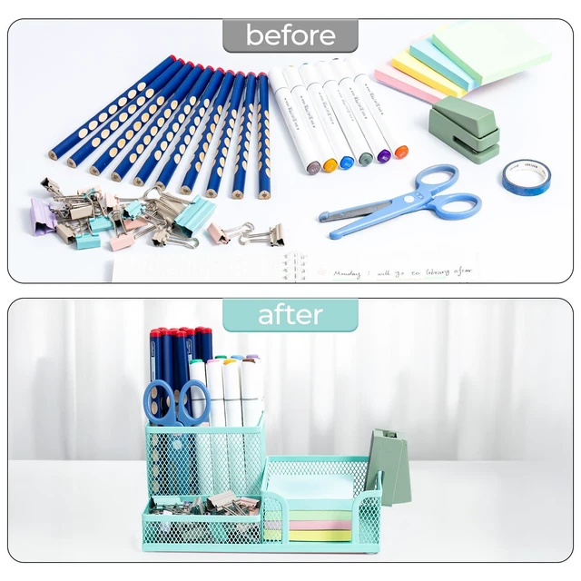 Alt view image 5 of 7 - Mesh Pen Holder Desk Organizers Pencil Holder for Desk Light Blue, 3 Compartments Metal Office Supply Organizer with Sticky Notes Holder for Home Office