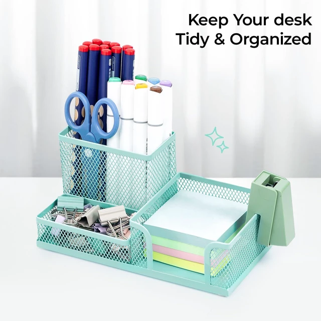 Alt view image 7 of 7 - Mesh Pen Holder Desk Organizers Pencil Holder for Desk Light Blue, 3 Compartments Metal Office Supply Organizer with Sticky Notes Holder for Home Office