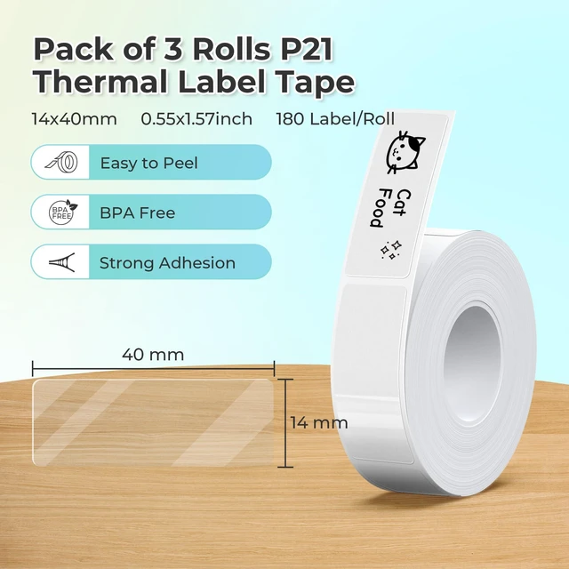 Alt view image 2 of 7 - Genuine P21 Label Maker Tape,14x40mm, 3-Roll, Transparent Easy to Peel, BPA-Free, Strong Adhesion, Water-Resistant & Oil-Proof, Great for School, Office, Home, Kitchen, Black on White