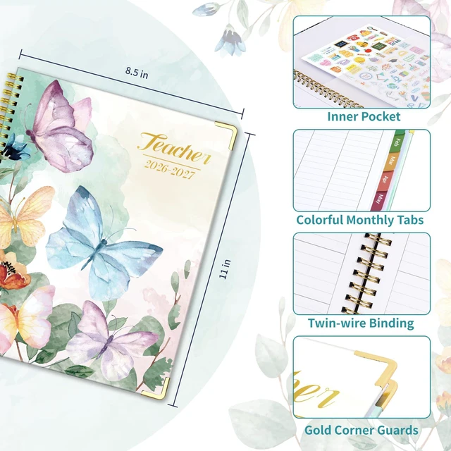 Alt view image 2 of 6 - 2026-2027 Teacher Planner Academic Year, 14 Checklists 8.5"x11" Lesson Book Jul 2026-Jun 2027, Gold Corners, Thick No-Bleed Paper, Spiral Hardcover, Colorful Tabs, for Classroom, Butterfly