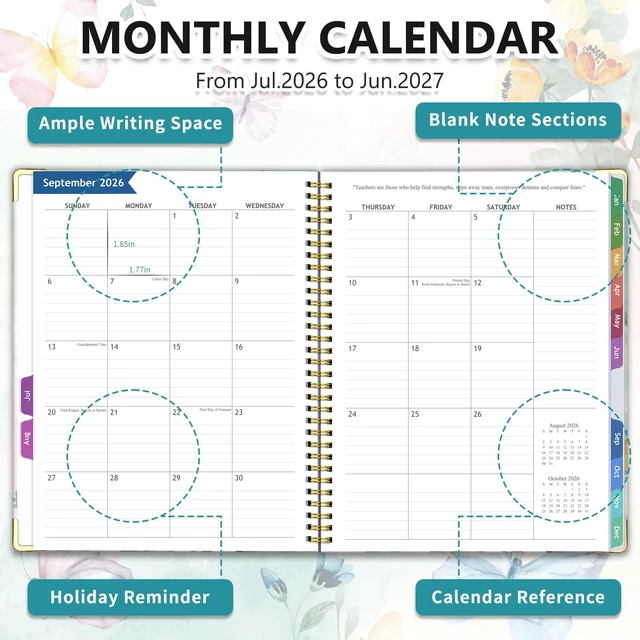 Alt view image 4 of 6 - 2026-2027 Teacher Planner Academic Year, 14 Checklists 8.5"x11" Lesson Book Jul 2026-Jun 2027, Gold Corners, Thick No-Bleed Paper, Spiral Hardcover, Colorful Tabs, for Classroom, Butterfly