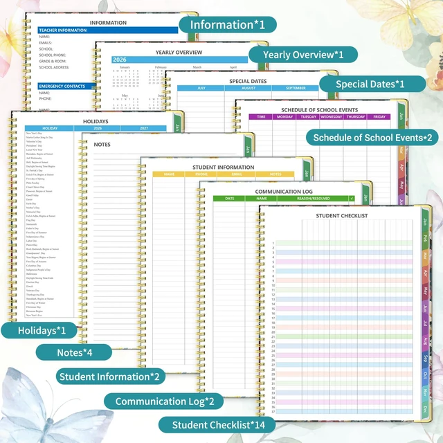 Alt view image 3 of 6 - 2026-2027 Teacher Planner Academic Year, 14 Checklists 8.5"x11" Lesson Book Jul 2026-Jun 2027, Gold Corners, Thick No-Bleed Paper, Spiral Hardcover, Colorful Tabs, for Classroom, Butterfly