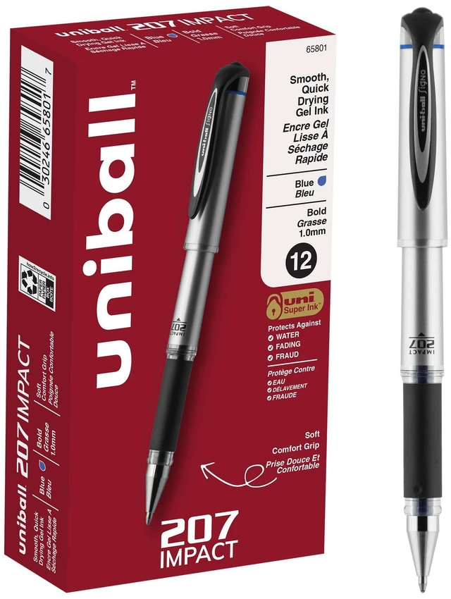 Main image of uniball 207 Impact Gel Pens, Bold Point (1.0mm), Blue, 12 Pack Bold gel ink lay-down for pronounced lettering, fraud-resistant uni Super Ink, water & fade-resistant, comfort grip