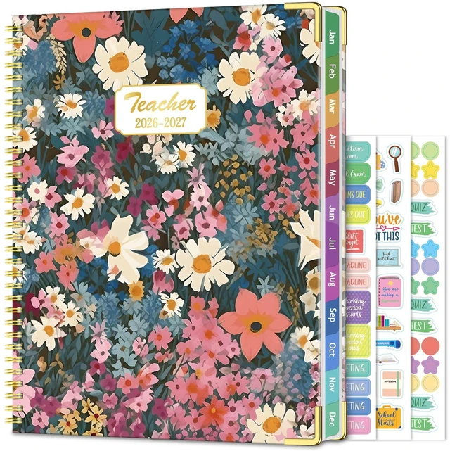 Main image of Teacher Planner 2026-2027, 14 Checklists 8.5"x11" Lesson Plan Book Jul 2026-Jun 2027 Academic Year, Teacher Calendar Agenda with Spiral Hardcover & Gold Corners for Class Homeschool, Floral