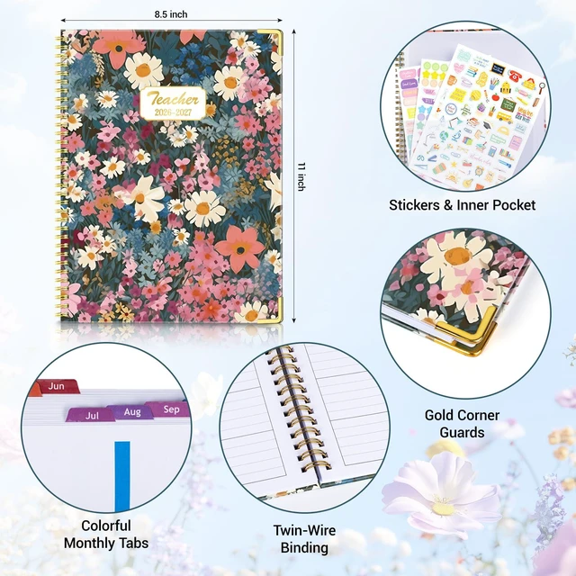 Alt view image 2 of 6 - Teacher Planner 2026-2027, 14 Checklists 8.5"x11" Lesson Plan Book Jul 2026-Jun 2027 Academic Year, Teacher Calendar Agenda with Spiral Hardcover & Gold Corners for Class Homeschool, Floral