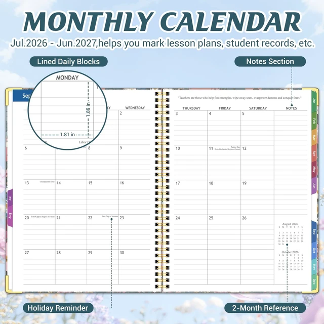 Alt view image 4 of 6 - Teacher Planner 2026-2027, 14 Checklists 8.5"x11" Lesson Plan Book Jul 2026-Jun 2027 Academic Year, Teacher Calendar Agenda with Spiral Hardcover & Gold Corners for Class Homeschool, Floral