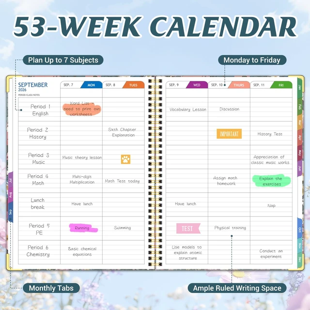 Alt view image 5 of 6 - Teacher Planner 2026-2027, 14 Checklists 8.5"x11" Lesson Plan Book Jul 2026-Jun 2027 Academic Year, Teacher Calendar Agenda with Spiral Hardcover & Gold Corners for Class Homeschool, Floral